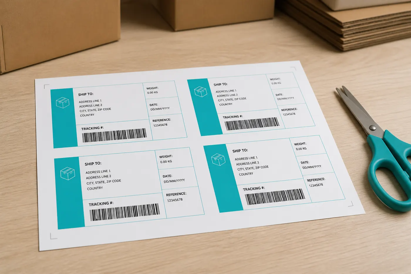 A4 sheet with four cropped shipping labels arranged in a 2-by-2 grid.