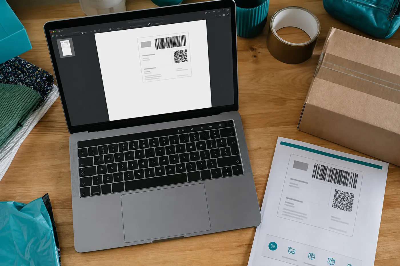 Laptop showing a messy Vinted A4 shipping-label PDF with wasted white space.